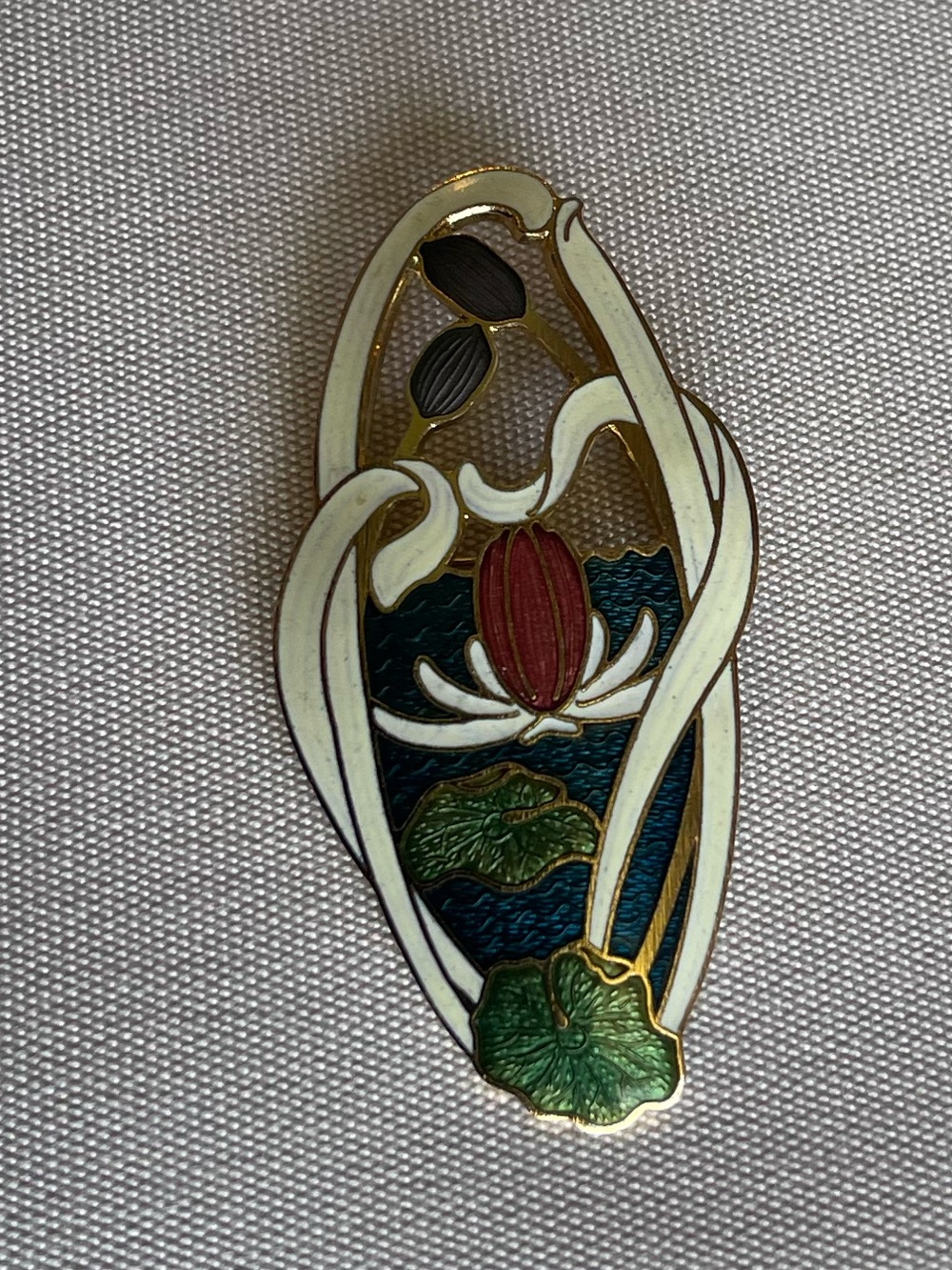 Art Nouveau-Inspired Enamel Cloissone water lily brooch. Fish and crown